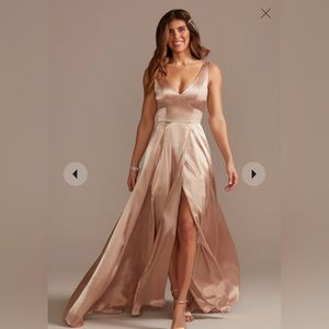 Davids bridal Sand charmeuse tank v-neck bridesmaid dress